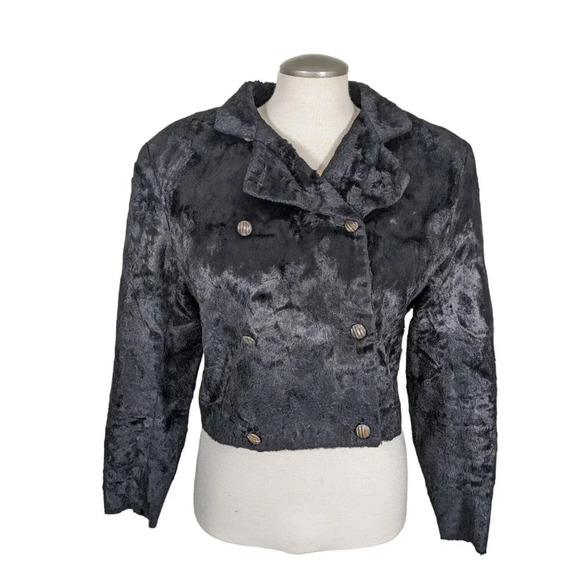 Vintage Womens Jacket Faux Fur Cropped Coat Med Black Mob Wife Designer France - Picture 2 of 9